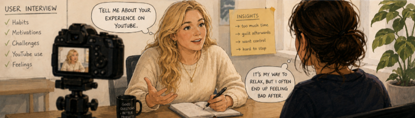 Illustration of a user interview: a researcher listening while a participant says 'it's my way to relax, but I often end up feeling bad after'. Sticky notes list insights: too much time, guilt afterwards, want control, hard to stop.